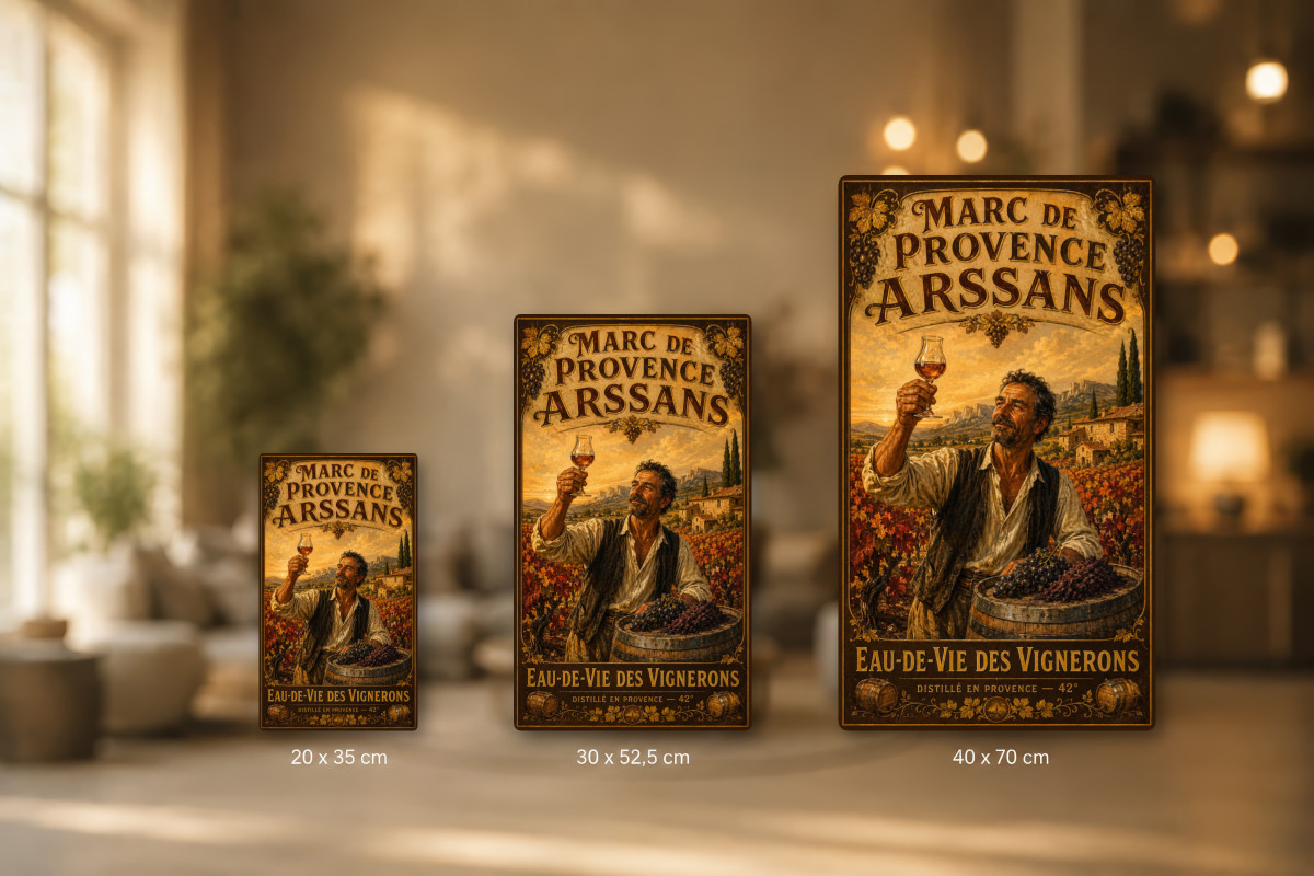 Plaques - décors mêlés #6, Affiche vintage apéritif - Marc de Provence Arssans - Eau-de-Vie des Vignerons