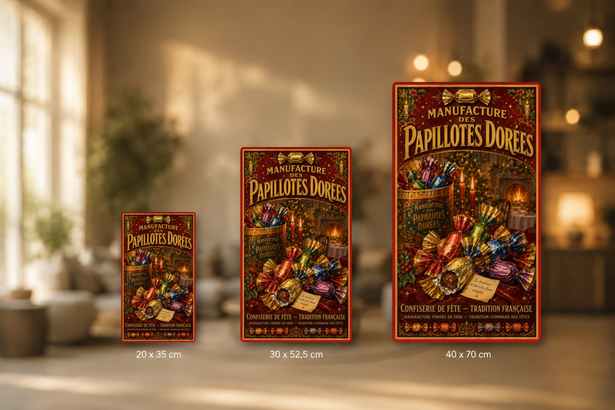 Plaques - décors mêlés #7, Affiche vintage confiserie - Manufacture des Papillotes Dorées