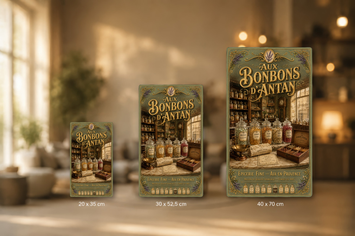 Plaques - décors mêlés #7, Affiche vintage confiserie - Aux Bonbons d’Antan