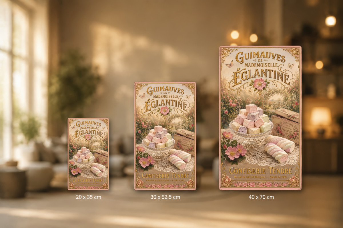 Plaques - décors mêlés #7, Affiche vintage confiserie - Guimauves de Mademoiselle Églantine