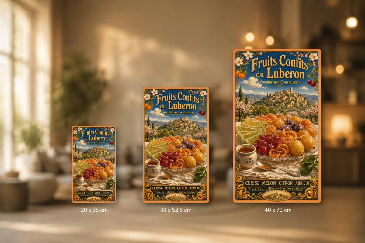 Plaques - décors mêlés #8, Affiche vintage confiserie - Fruits Confits du Luberon - Manufacture Coustaussin