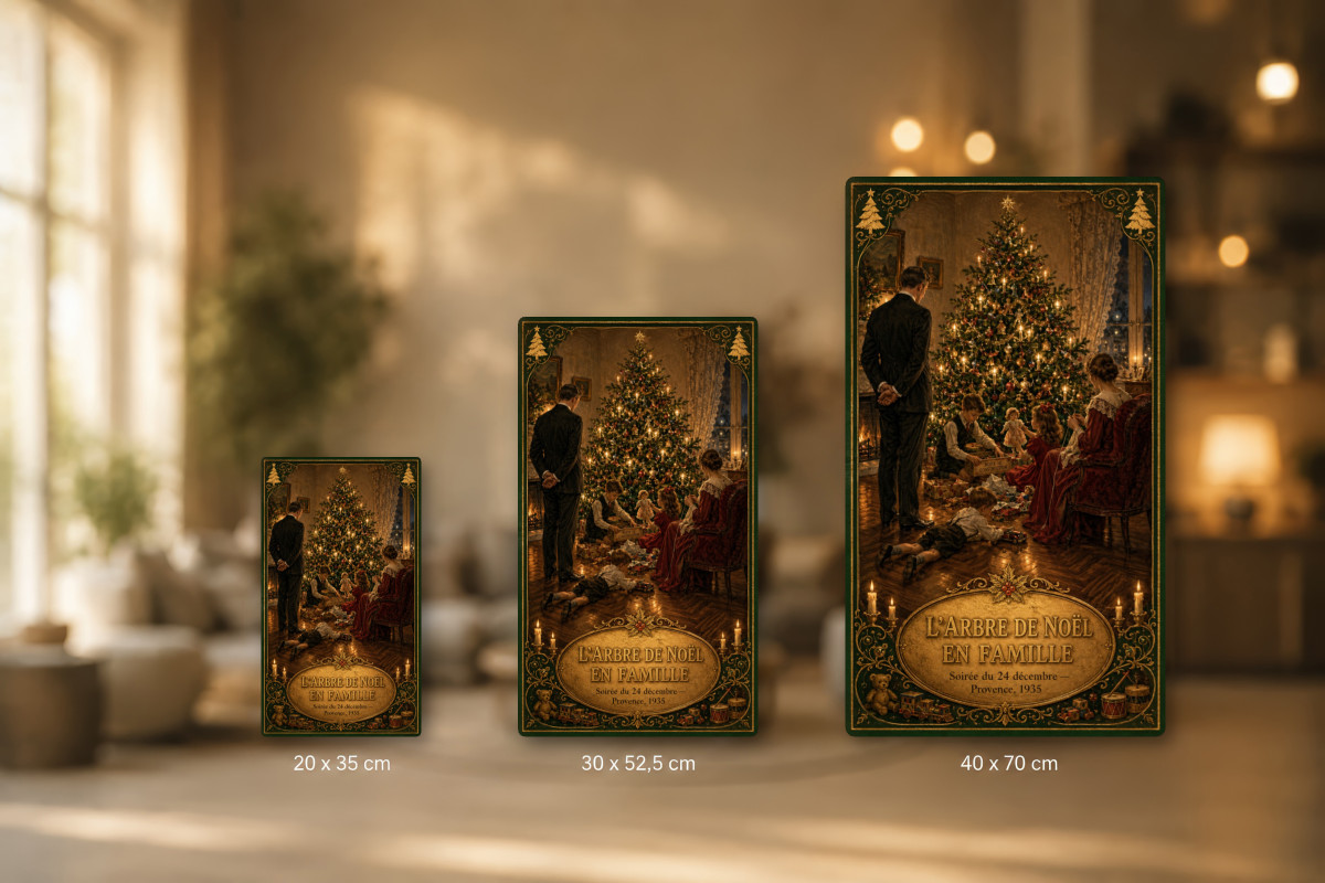 Plaques - décors mêlés #8, Affiche vintage Noël - L’Arbre de Noël en Famille