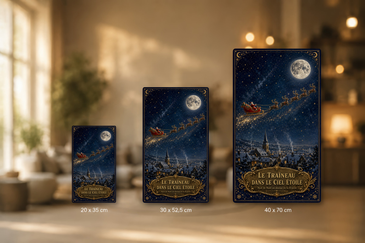 Plaques - décors mêlés #8, Affiche vintage Noël - Le Traîneau dans le Ciel Étoilé