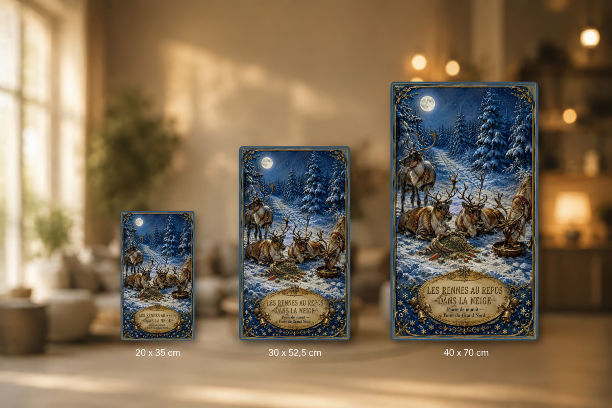 Plaques - décors mêlés #8, Affiche vintage Noël - Les Rennes au Repos dans la Neige