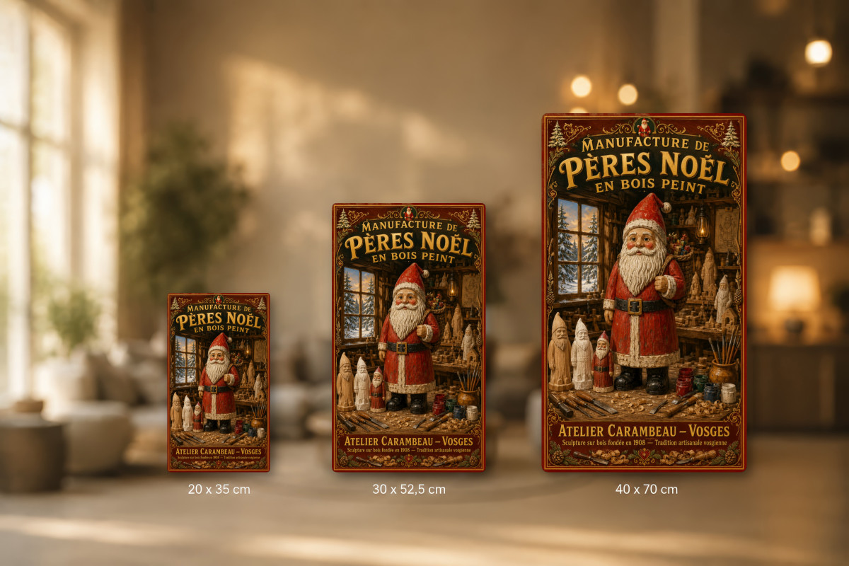 Plaques - décors mêlés #8, Affiche vintage Noël - Manufacture de Pères Noël en Bois Peint