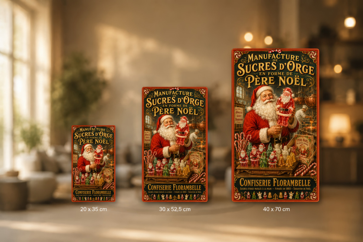 Plaques - décors mêlés #8, Affiche vintage Noël - Manufacture de Sucres d’Orge en Forme de Père Noël