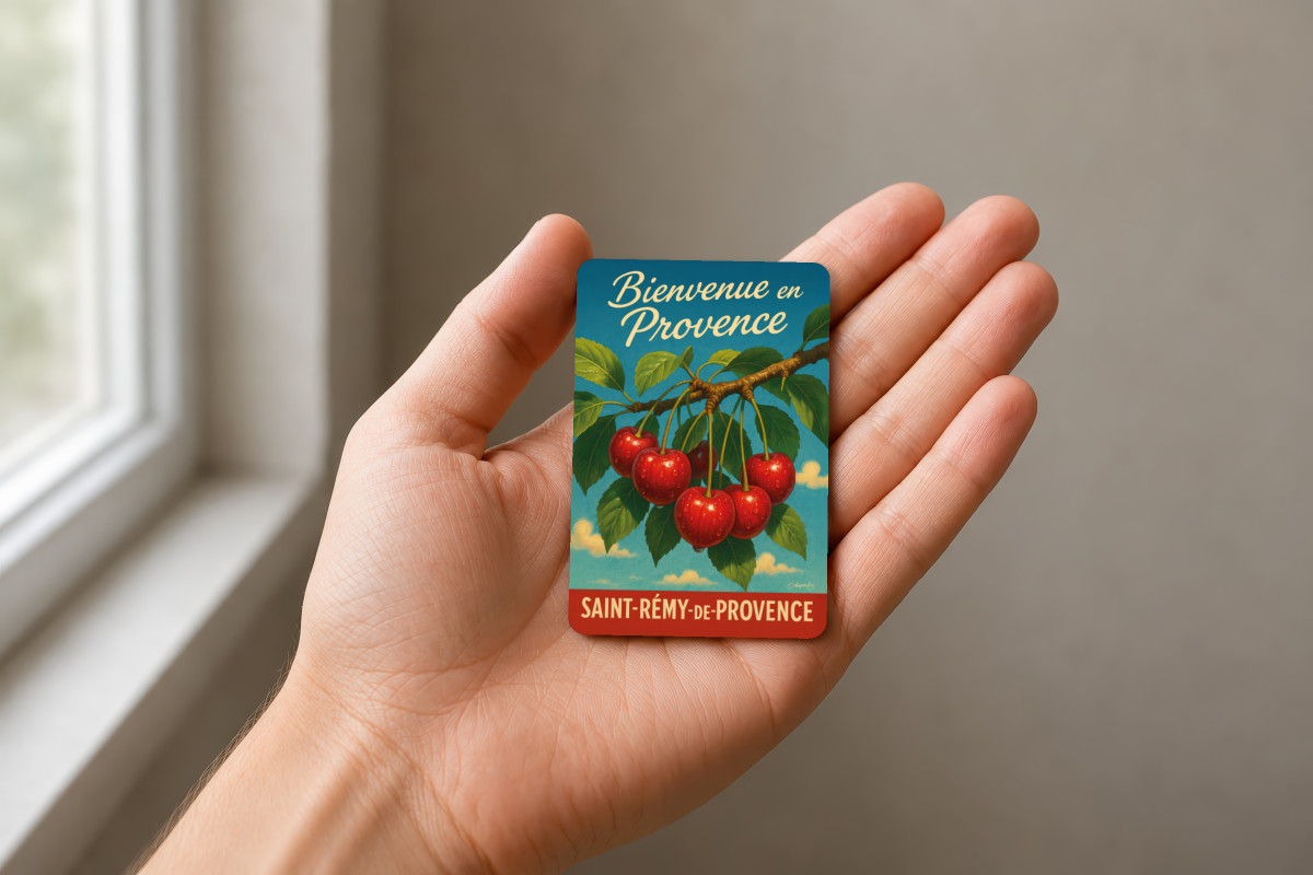 Mockup magnet 11 — Magnet Rouge éclat – Cerises de Provence au soleil