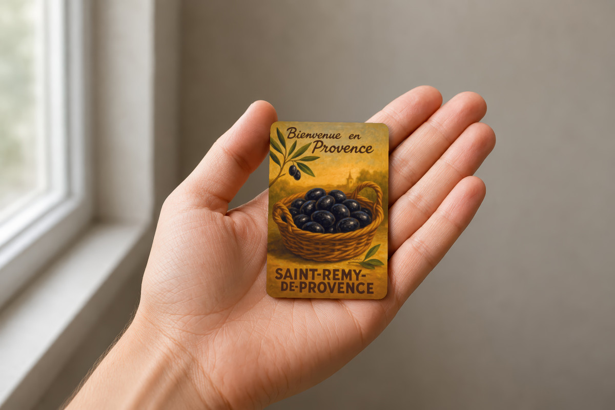 Mockup magnet 11 — Magnet L’or noir de Provence – Panier d’olives