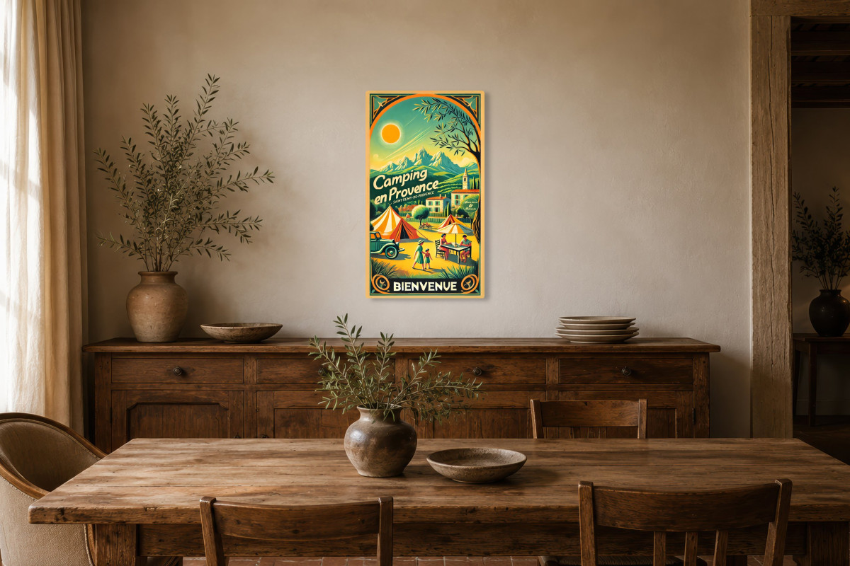 V01-01, Affiche vintage Provence - Évasion en Provence : Le Camping au Pied des Alpilles