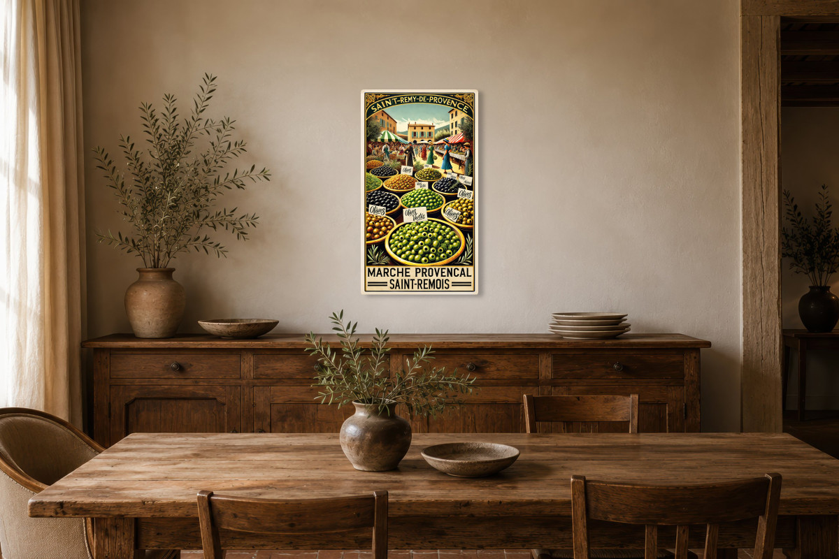 V01-01, Affiche vintage Provence - Marché Provençal : Les Olives de Saint-Rémy