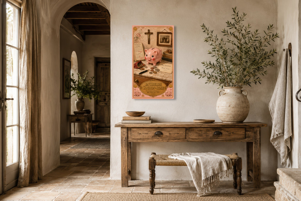 V01-12, Affiche vintage enfance - La Tirelire Cochon-Rose