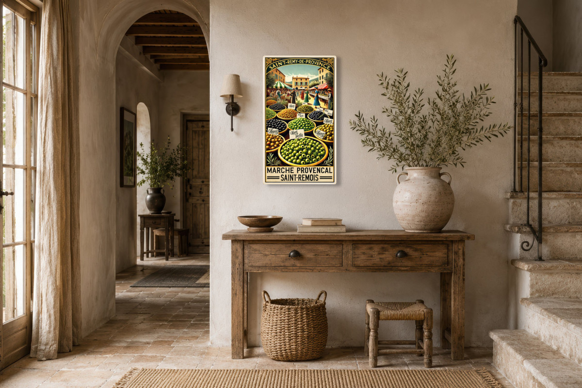 V01-14, Affiche vintage Provence - Marché Provençal : Les Olives de Saint-Rémy