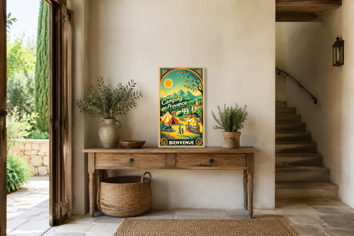 V01-17, Affiche vintage Provence - Évasion en Provence : Le Camping au Pied des Alpilles