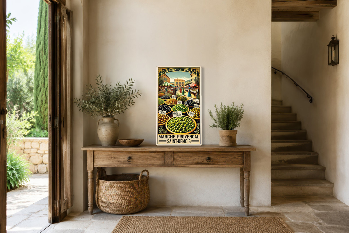 V01-17, Affiche vintage Provence - Marché Provençal : Les Olives de Saint-Rémy