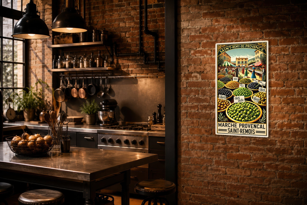 V02-03, Affiche vintage Provence - Marché Provençal : Les Olives de Saint-Rémy