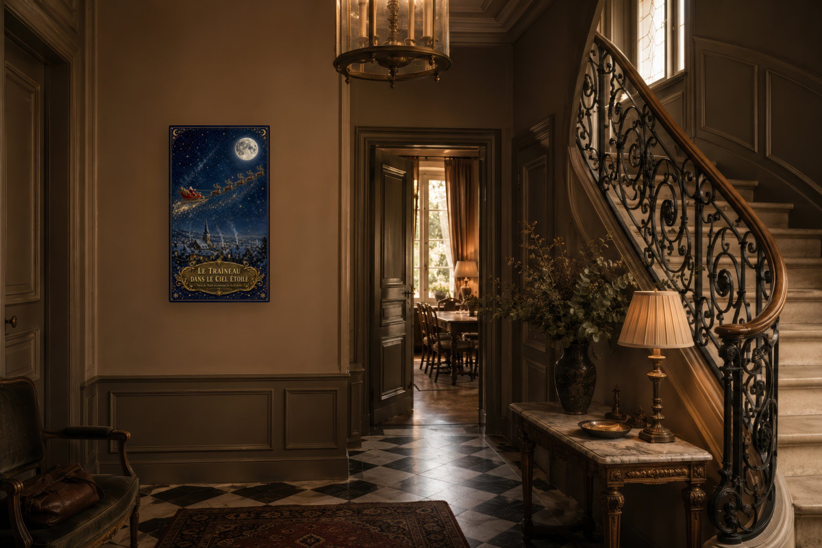 V02-11, Affiche vintage Noël - Le Traîneau dans le Ciel Étoilé