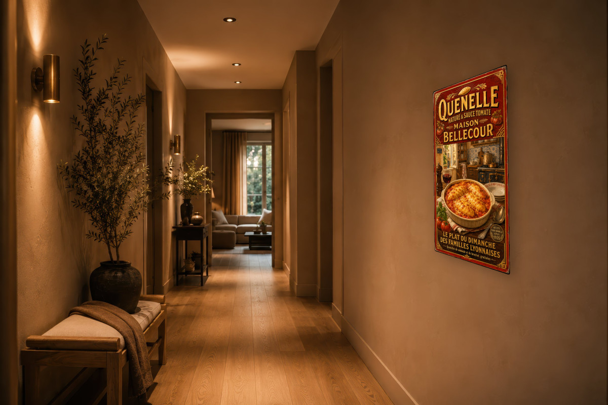 V02-12, Affiche vintage Lyon - Quenelle Nature & Sauce Tomate - Maison Bellecour