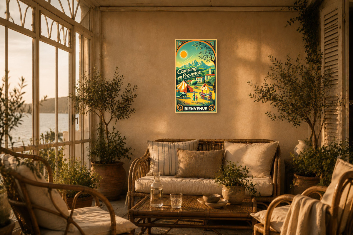 V02-22, Affiche vintage Provence - Évasion en Provence : Le Camping au Pied des Alpilles