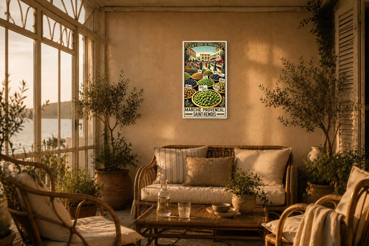 V02-22, Affiche vintage Provence - Marché Provençal : Les Olives de Saint-Rémy