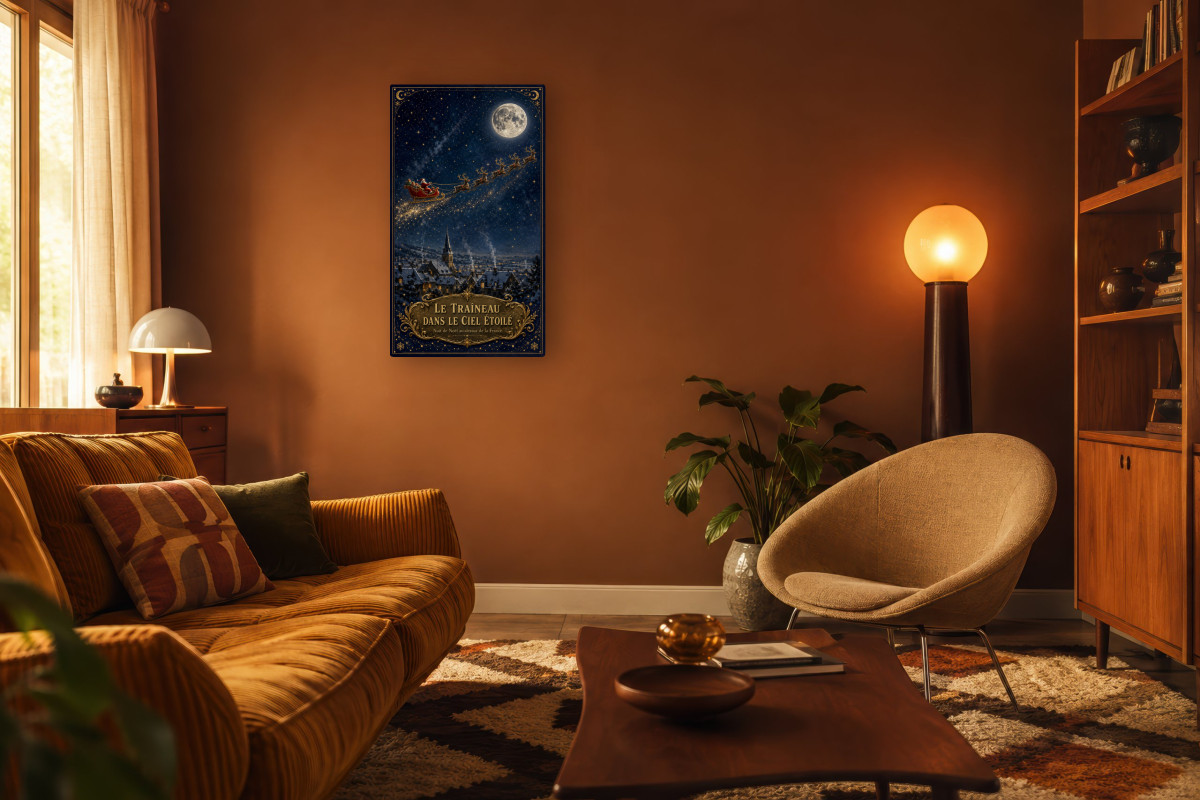 V03-03, Affiche vintage Noël - Le Traîneau dans le Ciel Étoilé