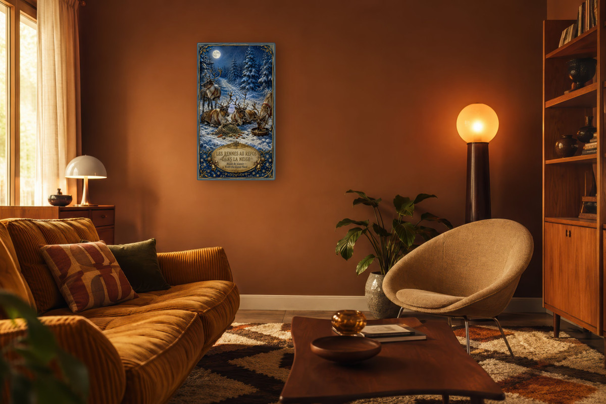 V03-03, Affiche vintage Noël - Les Rennes au Repos dans la Neige