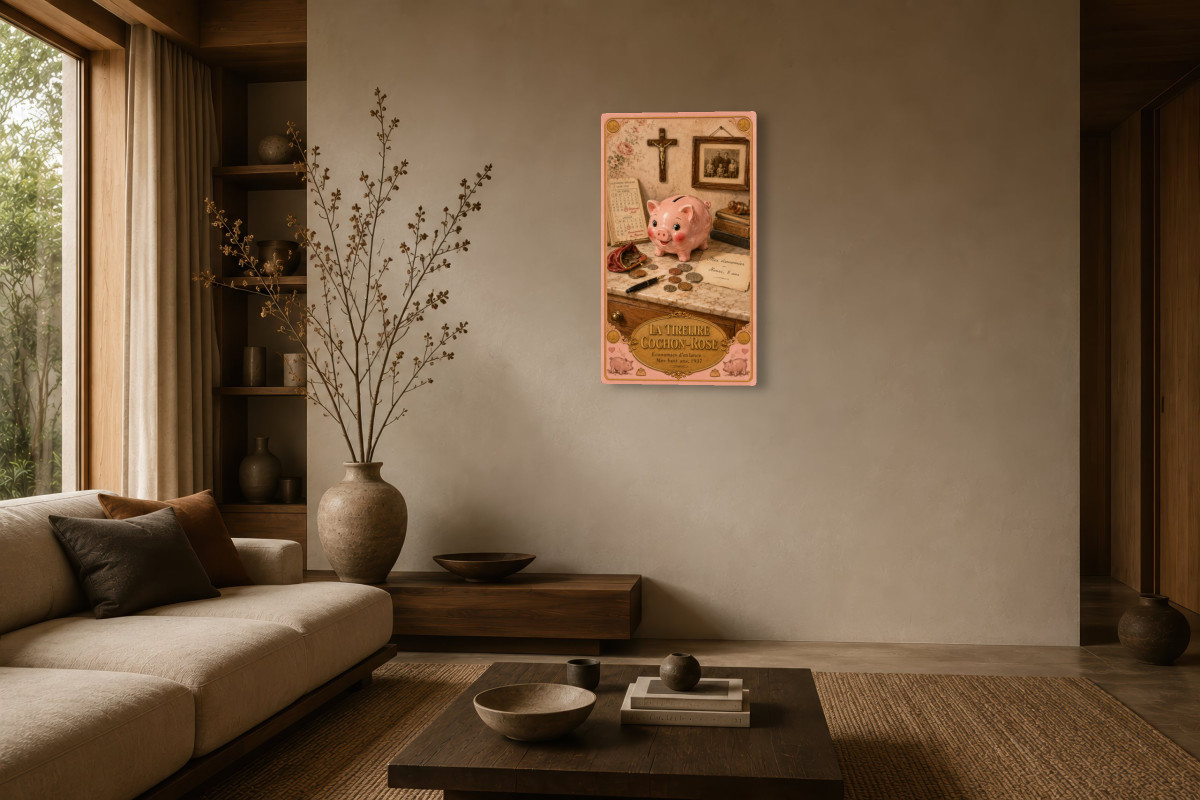 V03-05, Affiche vintage enfance - La Tirelire Cochon-Rose