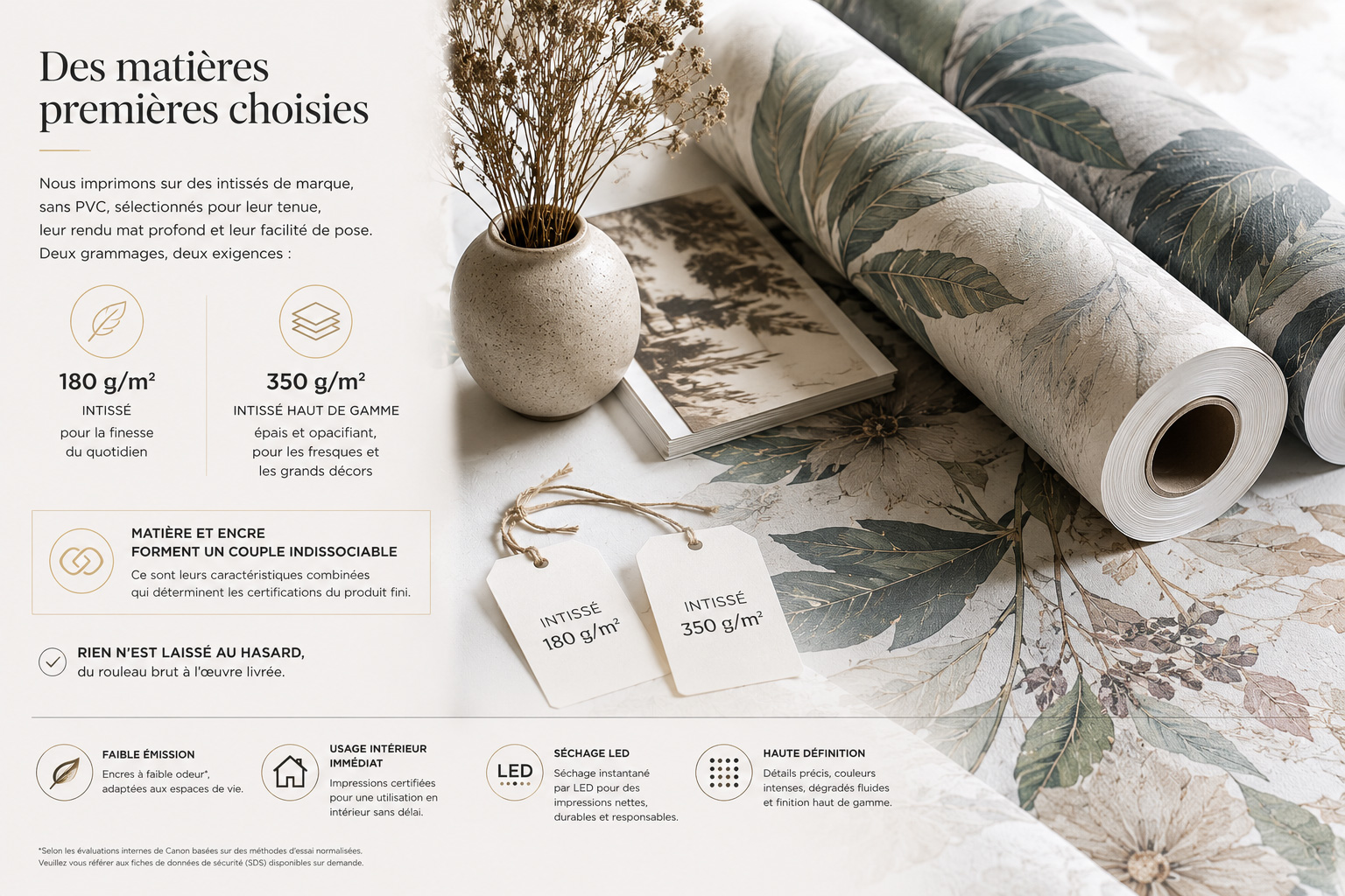 Des mati&egrave;res premi&egrave;res choisies — intiss&eacute;s de marque 180 et 350 g/m&sup2;, sans PVC
