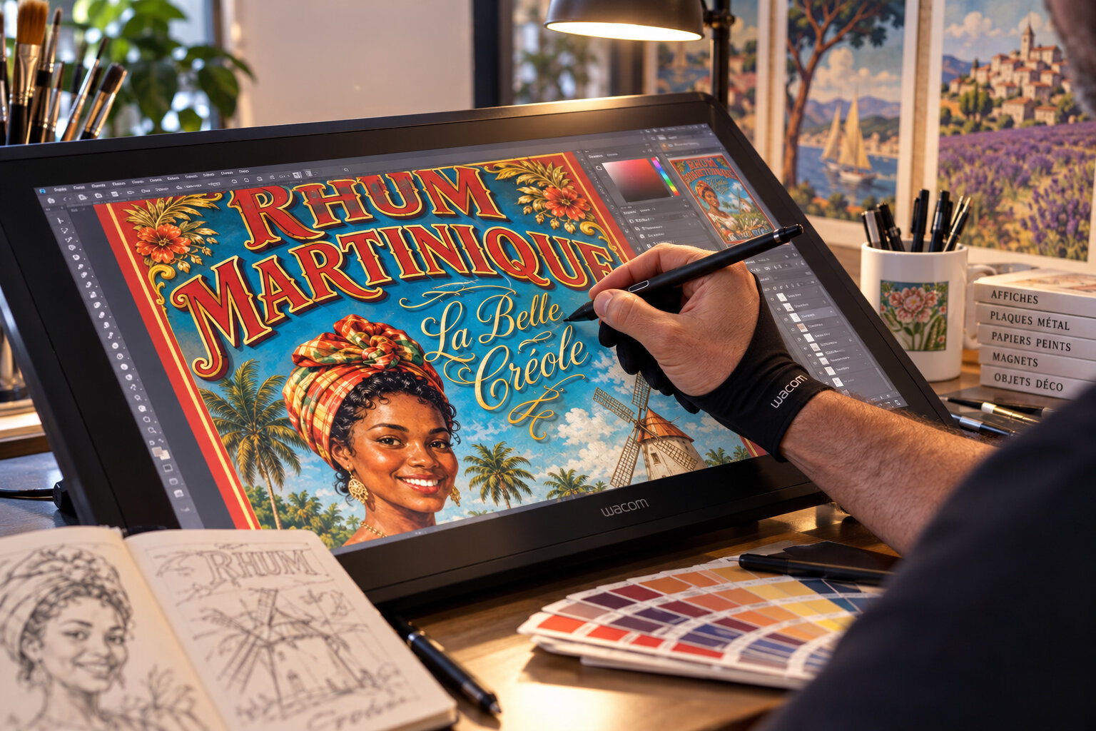 Dessin d’un visuel au stylet sur un écran tactile Wacom, sous Photoshop