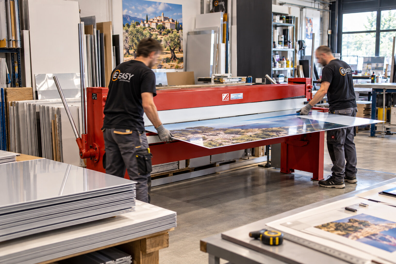 Découpe d’un panneau composite aluminium à la cisaille guillotine, atelier de Saint-Rémy-de-Provence
